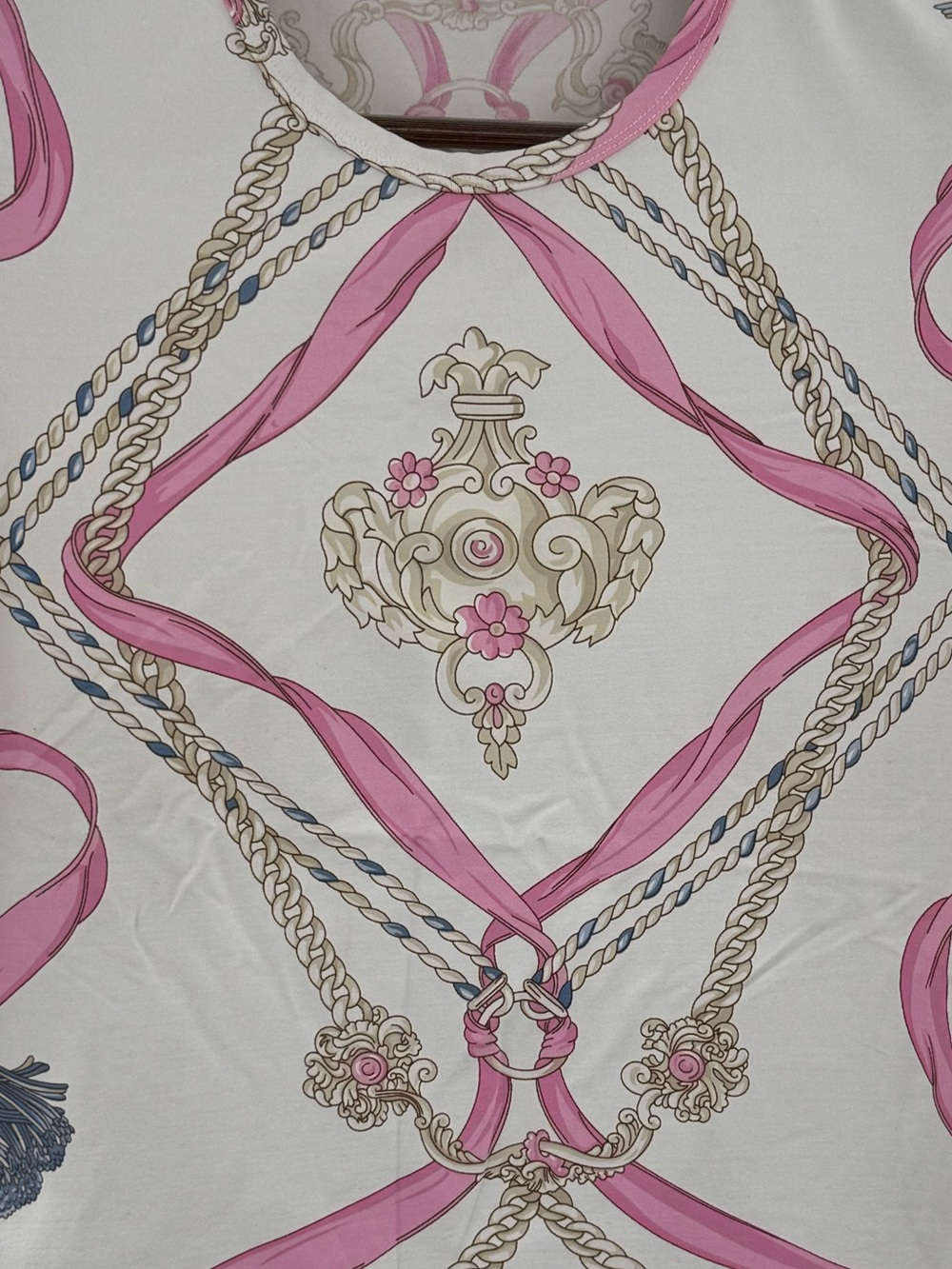J.McLaughlin Size S Pink White Equestrian Chain Print Stretch Top Short Sleeve - Picture 3 of 7